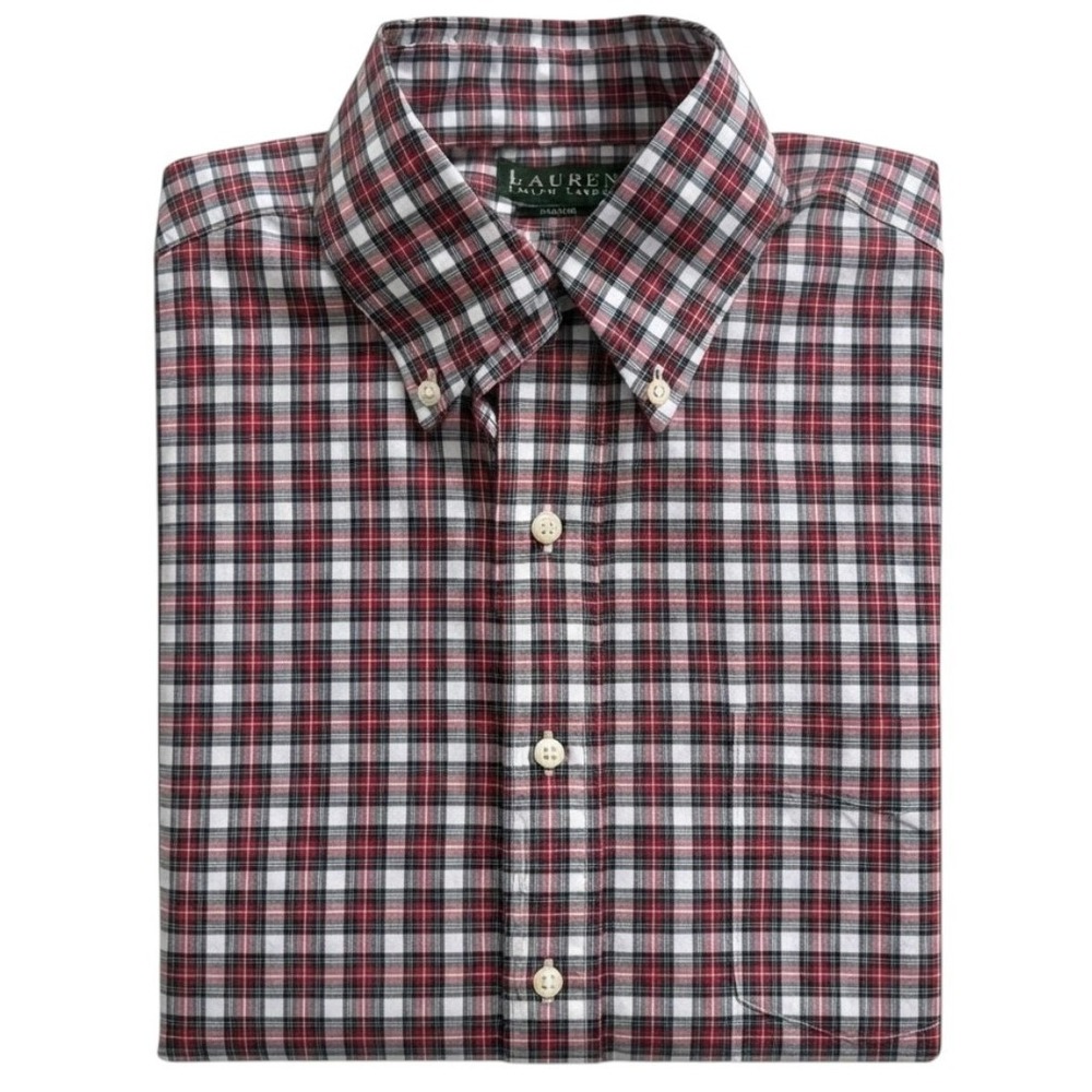 Ralph Lauren Mens 15 32/33 Red White Green Plaid Non Iron Cotton Button Up Shirt